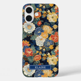 Japanse Blauwe Bloemmotief Met Monogram iPhone 16 Plus Hoesje