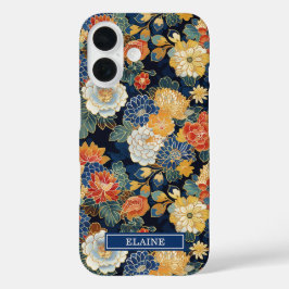 Japanse Blauwe Bloemmotief met Monogram iPhone 16 Hoesje
