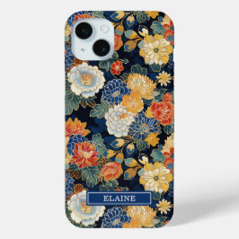 Japanse Blauwe Bloemmotief Met Monogram iPhone 15 Mini Hoesje