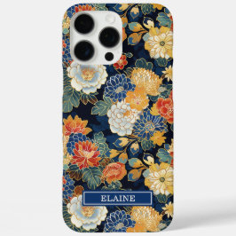 Japanse Blauwe Bloempatroon met Monogram iPhone 16 Pro Max Hoesje