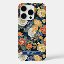 Japanse Blauwe Bloempatroon met Monogram iPhone 16 Pro Hoesje
