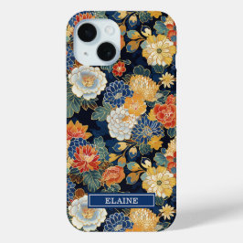 Japanse Blauwe Bloempatroon met Monogram iPhone 15 Case