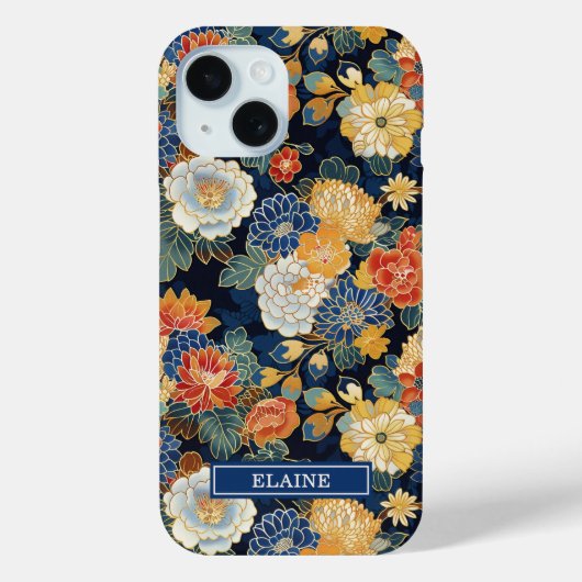 Japanse Blauwe Bloempatroon met Monogram Case-Mate iPhone Case (Achterkant)