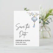 Japanse Blauwe Lantaarn Trouwkaart Save-the-Dateka (Staand voorkant)