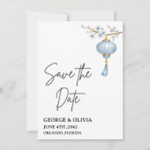 Japanse Blauwe Lantaarn Trouwkaart Save-the-Dateka (Voorkant)