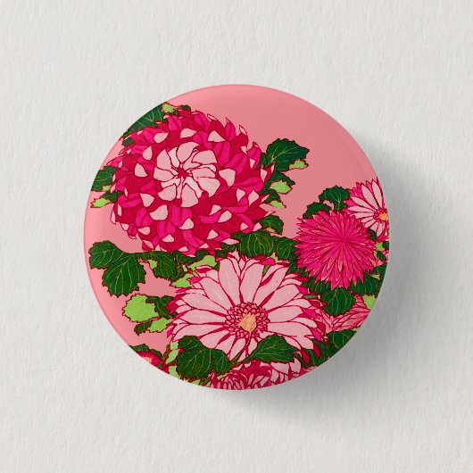 Japanse Bloem, Fuchsia en Coral Pink Ronde Button 3,2 Cm (Voorkant)