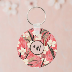 Japanse bloem in zalmroze wit rood met initiaal sleutelhanger