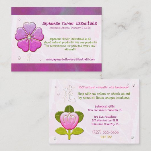 Japanse Bloem Juwelen HANDGEMAAKTE BOTANICALS OLIË Visitekaartje (Voorkant / Achterkant)
