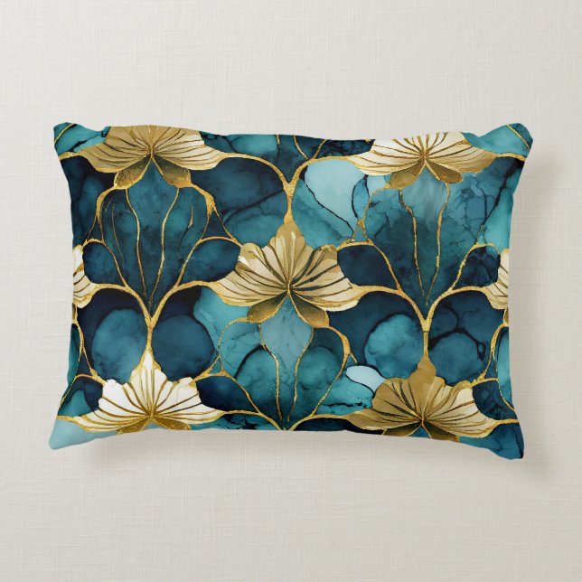 Japanse Bloem Teal Goud  Accent Kussen (Achterkant)