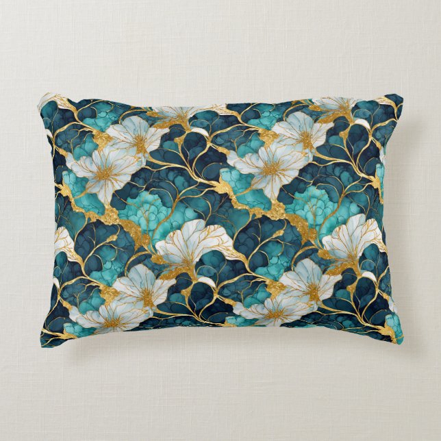 Japanse Bloem Teal Goud Accent Kussen (Voorkant)