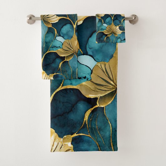 Japanse Bloem Teal Goud Bad Handdoek (Insitu)