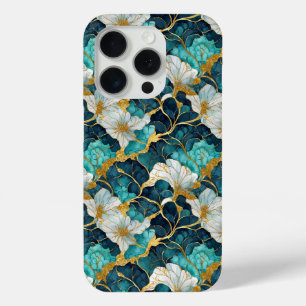 Japanse Bloem Teal Goud iPhone 15 Pro Case