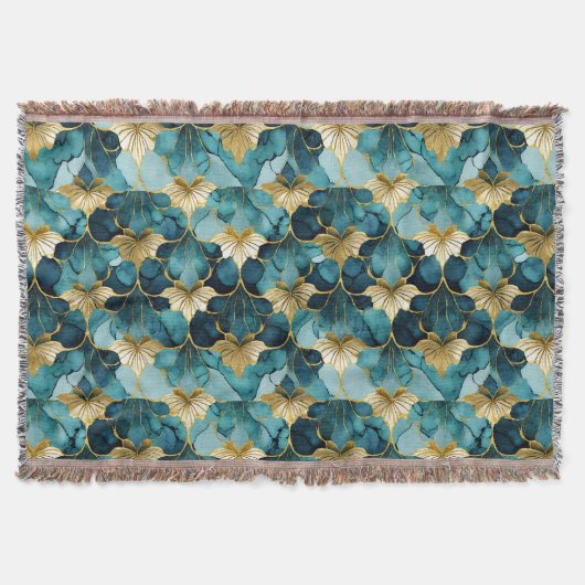 Japanse Bloem Teal Goud Deken (Voorkant)