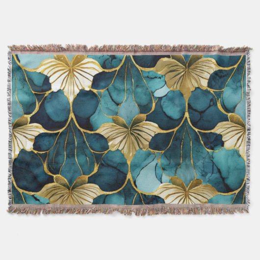Japanse Bloem Teal Goud Deken (Voorkant)