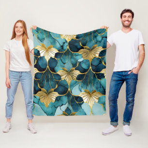 Japanse Bloem Teal Goud Fleece Deken