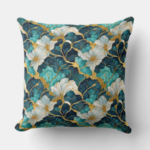 Japanse Bloem Teal Goud Kussen