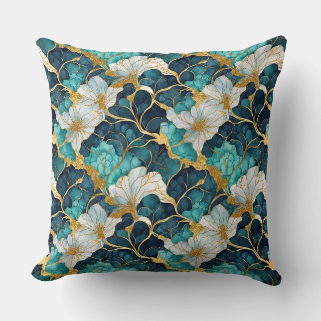 Japanse Bloem Teal Goud Kussen (Voorkant)