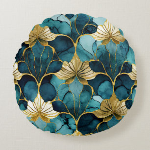 Japanse Bloem Teal Goud  Rond Kussen