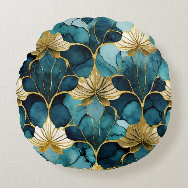 Japanse Bloem Teal Goud  Rond Kussen (Voorkant)