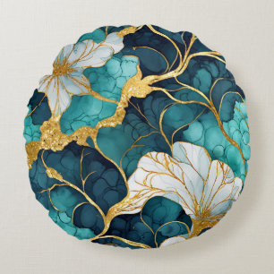 Japanse Bloem Teal Goud Rond Kussen