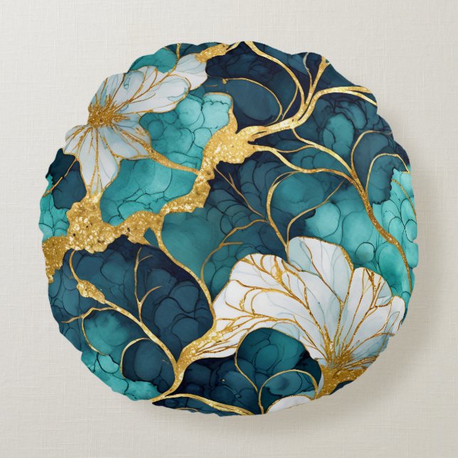 Japanse Bloem Teal Goud Rond Kussen (Voorkant)