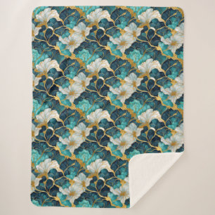 Japanse Bloem Teal Goud Sherpa Deken