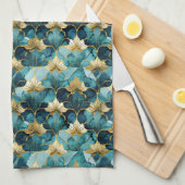 Japanse Bloem Teal Goud Theedoek (Quarter Fold)