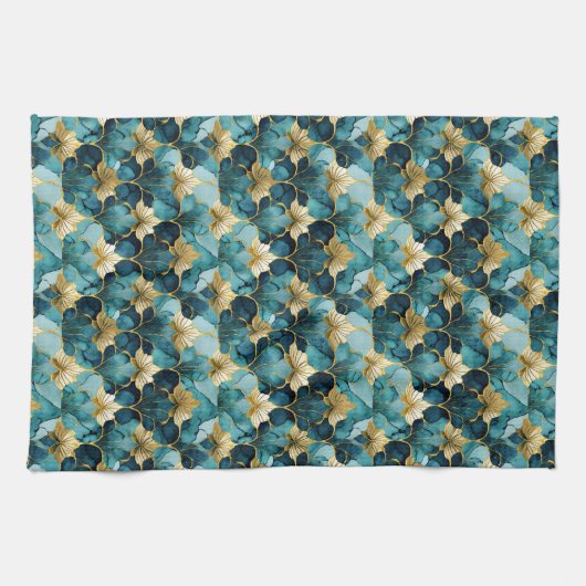 Japanse Bloem Teal Goud Theedoek (Horizontaal)