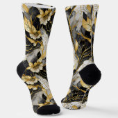 Japanse Bloem Zwart Goud Sokken (Gebogen)