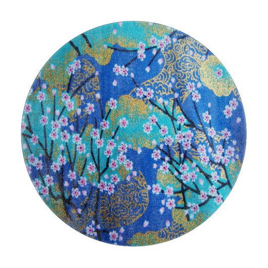 Japanse Bloemen Kersenbloesem Goud Blauw Glas Snijplank (Voorkant)