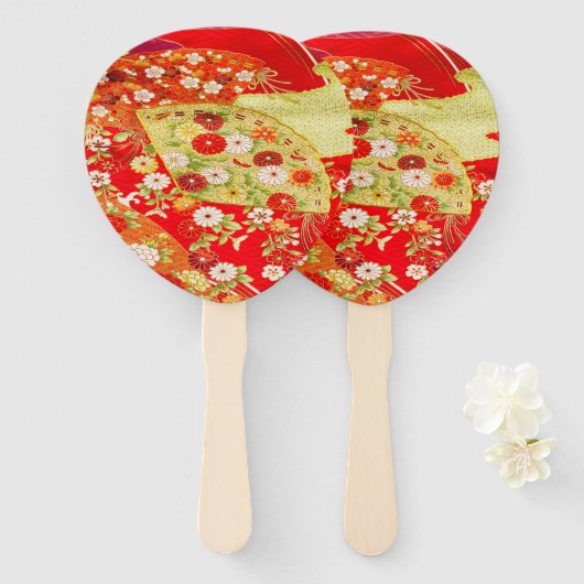 Japanse Bloemen Kersenbloesem Goud Rood Handwaaier (Voorkant en achterkant)