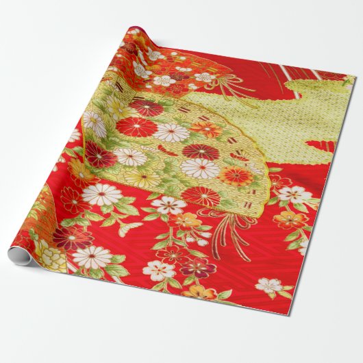 Japanse Bloemen Kersenbloesem Rood Goud Decoupage Cadeaupapier (Uitgerold)