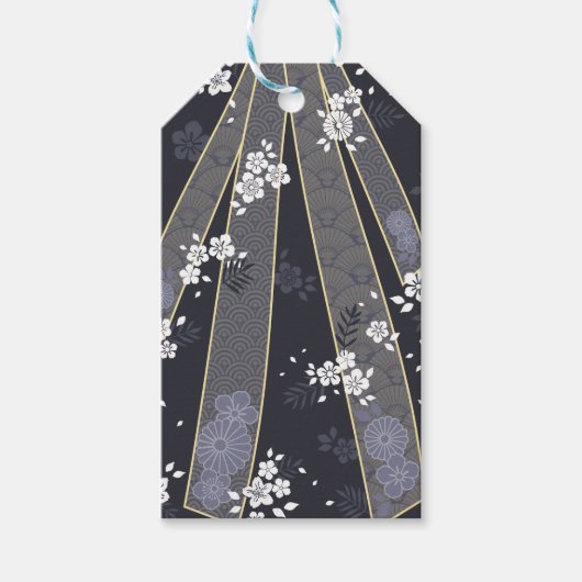 Japanse Bloemen Kimono Patroon Denim Cadeaulabel (Voorkant)