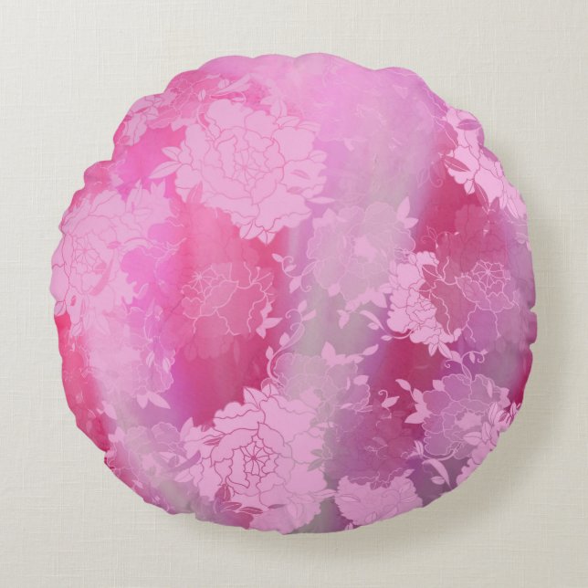 Japanse bloemen roze patronen rond kussen (Voorkant)