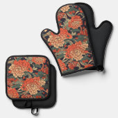 Japanse Bloemenreeks Rood Ovenwant & Pannenlap Set (Voorkant / Achterkant)