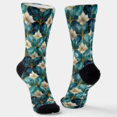 Japanse Bloemige Turquoise Gouden Sokken (Gebogen)