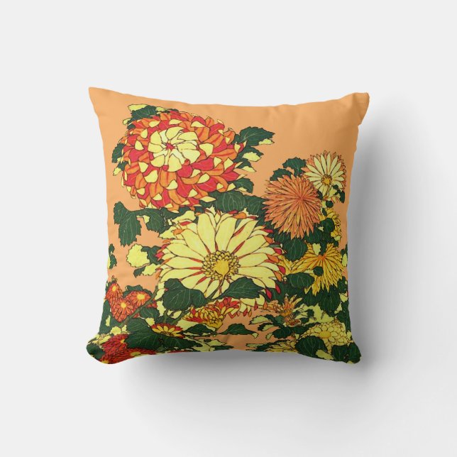 Japanse Bloemrand, Mandarijns Oranje en goud Kussen (Voorkant)