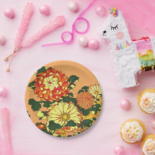 Japanse Bloemrand, Mandarijns Oranje en goud Papieren Bordje (Feest)