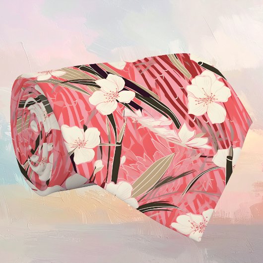 Japanse bloesems in wit op roze bordeaux stropdas