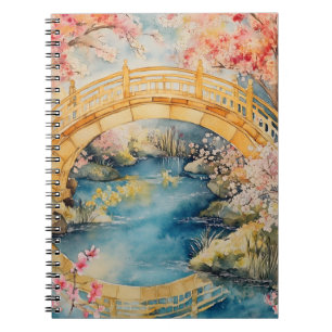 Japanse boogbrug overspant een rustige rivier notitieboek