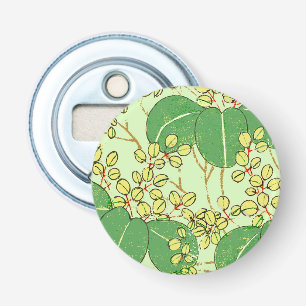 Japanse botanische groene blad houtsnede afdruk button flesopener
