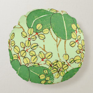 Japanse botanische groene blad houtsnede afdruk rond kussen
