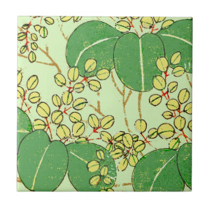 Japanse botanische groene blad houtsnede afdruk tegeltje