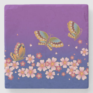 Japanse Butterflies Amid Sakura Blossom Paars Stenen Onderzetter