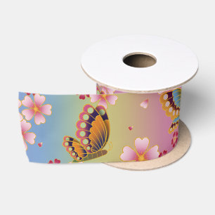 Japanse Butterflies Amid Sakura Blossom Rainbow Satijnen Lint