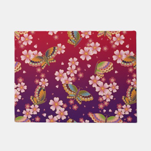 Japanse Butterflies Amid Sakura Blossom Red Deurmat (Voorkant)