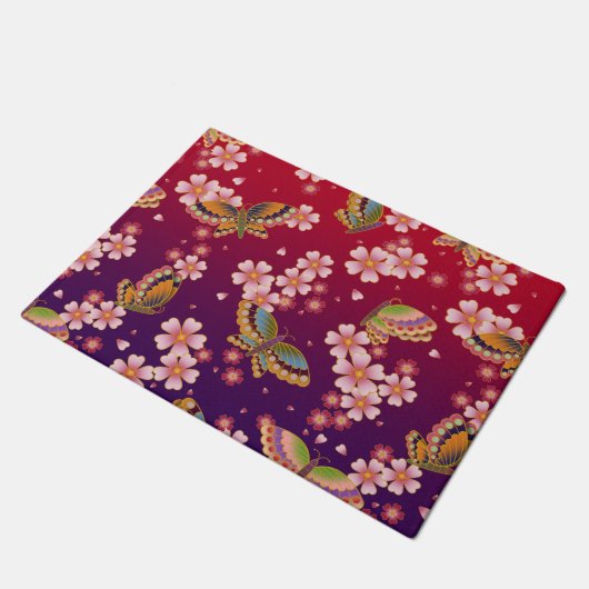 Japanse Butterflies Amid Sakura Blossom Red Deurmat (Schuin)