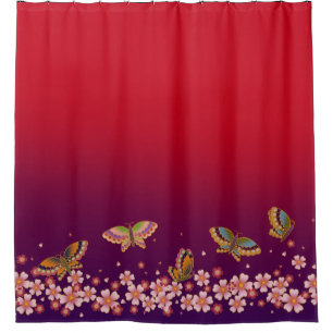 Japanse Butterflies Amid Sakura Blossom Red Douchegordijn
