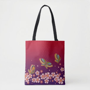 Japanse Butterflies Amid Sakura Blossom Red Tote Bag