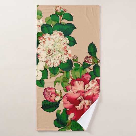  Japanse Camellias. Diep roze op beige Bad Handdoek (Badhanddoek)